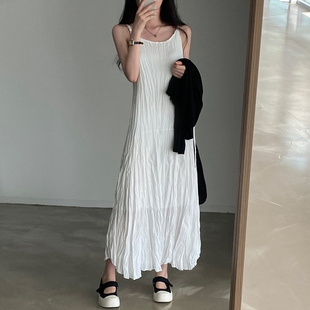 韩国chic夏季法式复古褶皱设计长款雪纺，吊带连衣裙女打底背心裙潮