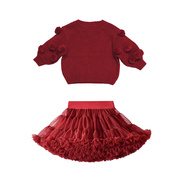 冬季新年装半身裙新年甜美可爱女童，红色球球毛衣针织tutu裙套装