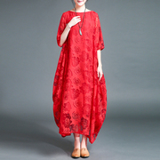 蕾丝连衣裙女春夏2024民族风长裙品牌超仙气复古宽松红色袍子
