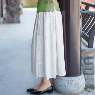 玉想中式原创女装百搭文艺复古纯色丝棉白色大摆中长款盘扣半身裙