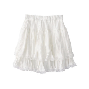 夏季复古褶皱设计松紧腰，a字显瘦蓬蓬白色，百褶半身裙蛋糕短裙