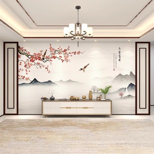 新中式梅花花鸟玉堂富贵电视背景墙，壁纸客厅卧室影视墙布装饰壁画