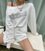 韩国夏季女士纯棉长袖字母薄款t恤短裤运动休闲俩件套装露肩