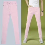 男士牛仔裤2023修身铅笔，小脚弹力韩版休闲裤粉色纯色长裤