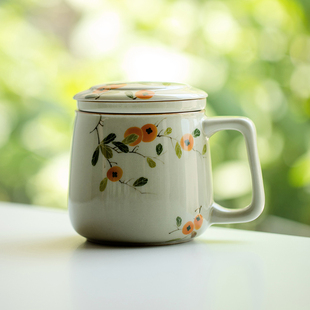 纯手绘柿子泡茶杯家用陶瓷马克杯办公室轻奢茶水分离水杯带把带盖