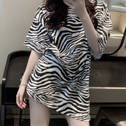 韩国女装货源豹纹短袖，t恤女夏中长款，女士打底衫上衣
