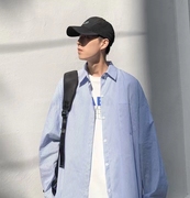 日系蓝白条纹长袖衬衫，男2024春季衬衣港风高级感休闲情侣外套