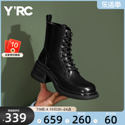 YRC美式马丁靴女真皮短靴2023冬季加绒高帮侧拉链方跟机车靴