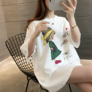 中长款卡通白色短袖T恤女2024年夏季韩版宽松体恤上衣遮屁股