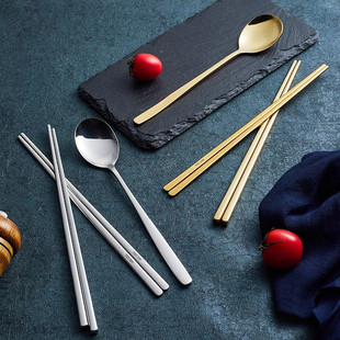 不锈钢筷子304家用防滑食品级烤肉料理韩式餐具筷子勺子套装商用