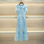 法式小众设计感连衣裙，蓝色水溶蕾丝镂空高腰短袖娃娃领长裙