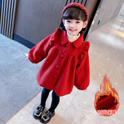 女童红色外套秋冬装儿童韩版飞袖加厚呢子衫女宝宝过年服毛呢大衣