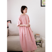 粉色砂洗苎麻做旧连衣裙2024夏季宽松显瘦女士文艺气质遮肉裙