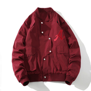 本命年酒红色不规则工装外套，男春秋高级感b3飞行员夹克短款棒球服