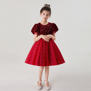 女童短袖晚礼服网纱蓬蓬短款公主，裙甜美表演主持节目红色连衣裙