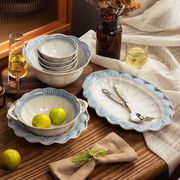 法式碗碟套装家用烟蓝色浮雕陶瓷碗盘子碗筷乔迁新居釉下彩餐具