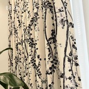 新中式黑白水墨画雪尼尔提花窗帘，荆棘花抽象艺术，诧寂风布帘纱