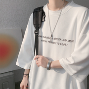 美式七分短袖T恤男潮牌潮流夏季冰丝薄款oversize重磅320g小领口