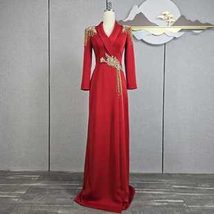 2024礼服裙红色旗袍，鱼尾红毯秀中国风，主持人长裙长袖气质长裙