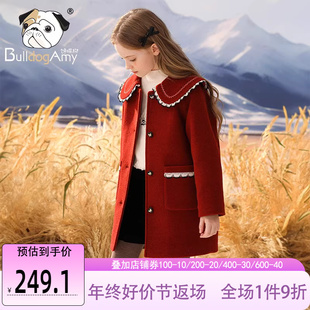 女童夹棉毛呢大衣2023冬季红色加厚单面呢上衣中大童外套洋气