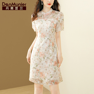 丹慕妮尔新中式改良旗袍连衣裙女夏季立领气质收腰印花a字裙
