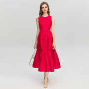 DIDABOLE重工镂空刺绣显瘦中长款修身大摆玫红色连衣裙0321400168