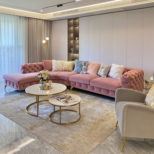 美式轻奢客厅沙发弧形拉扣贵妃转角布艺组合简约粉色网红创意
