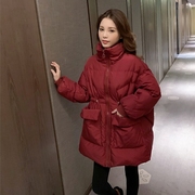 棉服外套女冬季韩版立领中长款大衣抽绳羽绒，棉衣加厚保暖棉袄