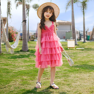 女童沙滩裙夏季三亚波西米亚小女孩蛋糕纱海边度假儿童吊带连衣裙