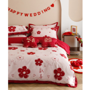 简约新婚庆红色四件套全棉双面100s印花刺绣结婚被套纯棉床单礼物