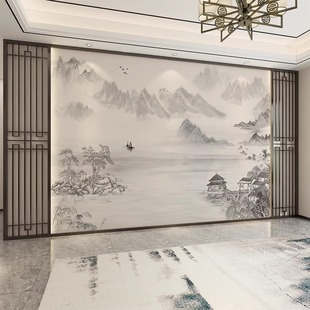 新中式电视背景墙壁纸墙布，意境沙发卧室客厅，影视墙墙纸山水水墨画