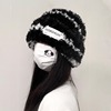 毛线帽子女冬季针织条纹显脸小毛绒保暖加厚大头围护耳堆堆帽