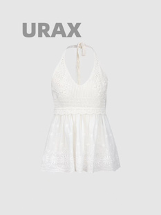 UR AX2024夏季女装蕾丝拼接挂脖无袖针织衬衫背心