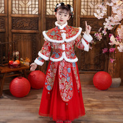女童秋冬拜年长裙重工新年演出服，红色公主裙春秋，长袖b类连衣裙