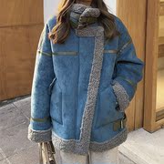2021冬韩版女装羊羔毛拼接撞色皮毛一体短款蓝色外套百搭上衣