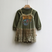 S吖系列80春装 品牌童装折扣/纯棉长袖两件套连衣裙10977军绿