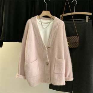 韩国订单宽松加厚v领宽松粉色貂绒毛衣外套，女2023秋冬中长款开衫