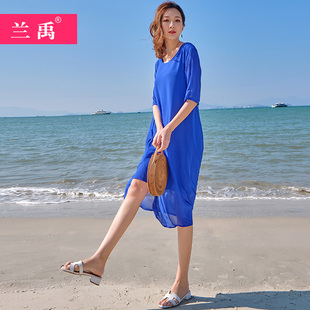 裙子女2023夏季蓝色雪纺连衣裙海边度假宽松气质沙滩长裙超仙