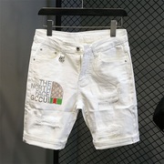 夏季薄款牛仔短裤男白色，烫钻五分欧版潮流修身中裤子破洞休闲马裤