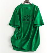 绿色丝绒字母图案宽松显瘦中长款圆领短袖上衣春夏，女t恤m176