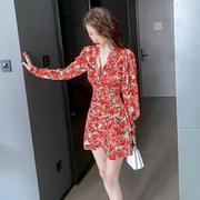 欧洲2站法式红色碎花连衣，r92422裙春装，02年女高腰修长袖气身