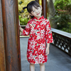 女童旗袍中国风春秋长袖，改良纯棉复古唐装，红色礼服修身儿童连衣裙