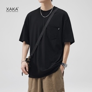 XAKA280重磅小领口日系纯色短袖t恤男夏季纯棉宽松口袋半袖打底衫