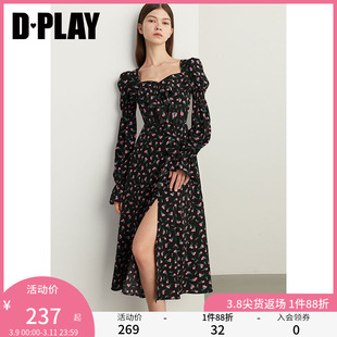 dplay德帕拉女装复古黑色，宫廷领荷叶边长袖，连衣裙长裙女裙子