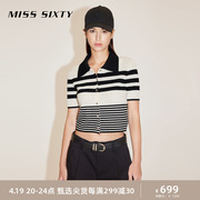Miss Sixty2024春季针织外套女黑白撞色条纹polo领短袖复古风