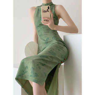 大潘青绿森林复古显白中长裙绿色改良新中式旗袍连衣裙女