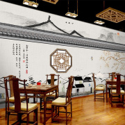 中式江南水墨画壁纸饭店餐厅装饰墙纸徽派建筑屋檐火锅店包厢壁布