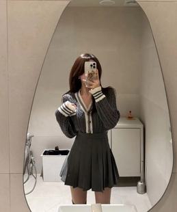 韩国东大门针织衫套装，麻花编织v领减龄小香风开衫半裙两件套
