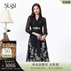 SUSSI/古色春季商场同款黑色定位刺绣中袖V领X型法式连衣裙女