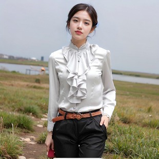秋冬装韩版立领绸缎面料荷叶边长袖，女衬衫泡泡，袖蕾丝花边衬衣女